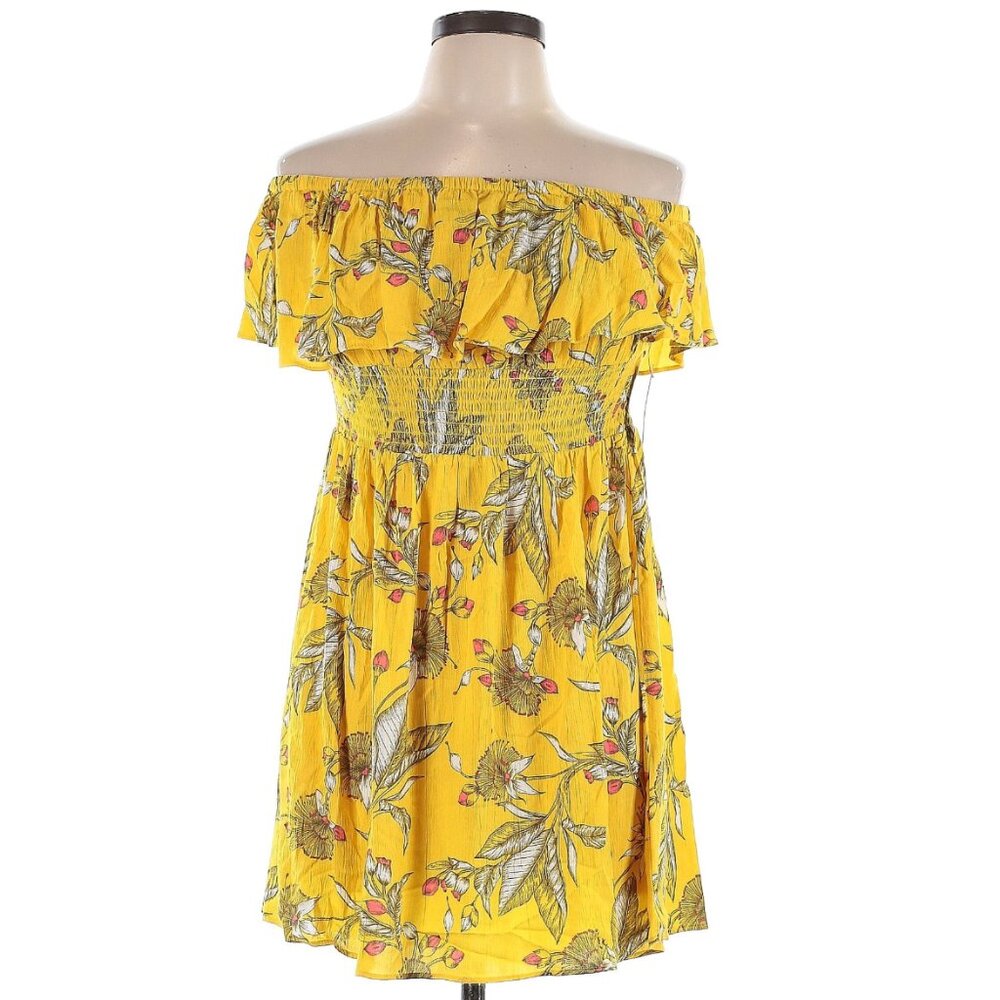 Yellow Floral Elastic Waist Ruffle Mini Dress